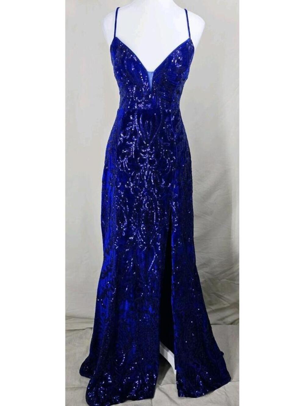 Midnight Doll Blue Sequin Mesh V-Neck Long Dress Open Back Lace Up Size 13